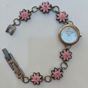 Nine West Womens Floral Bracelet Watch Antique Pink Brass Gold Crystal Sample
